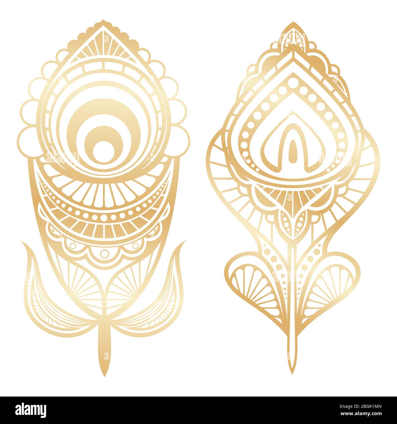 Goldene Federn indianischer Stil isoliert auf weißem Hintergrund. Vektorgrafik Stock Vektor