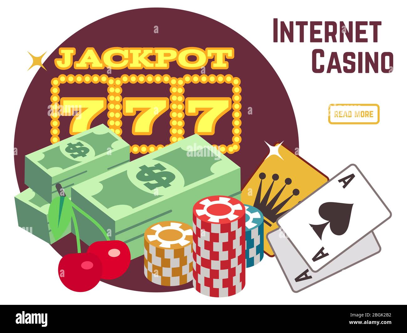 Internet Casino Hintergrundvorlage. Online Poker flacher Vektor Emblem. Poker und Jackpot gewinnen, Glücksspiel Web, Glücksspiel spielen Illustration Stock Vektor