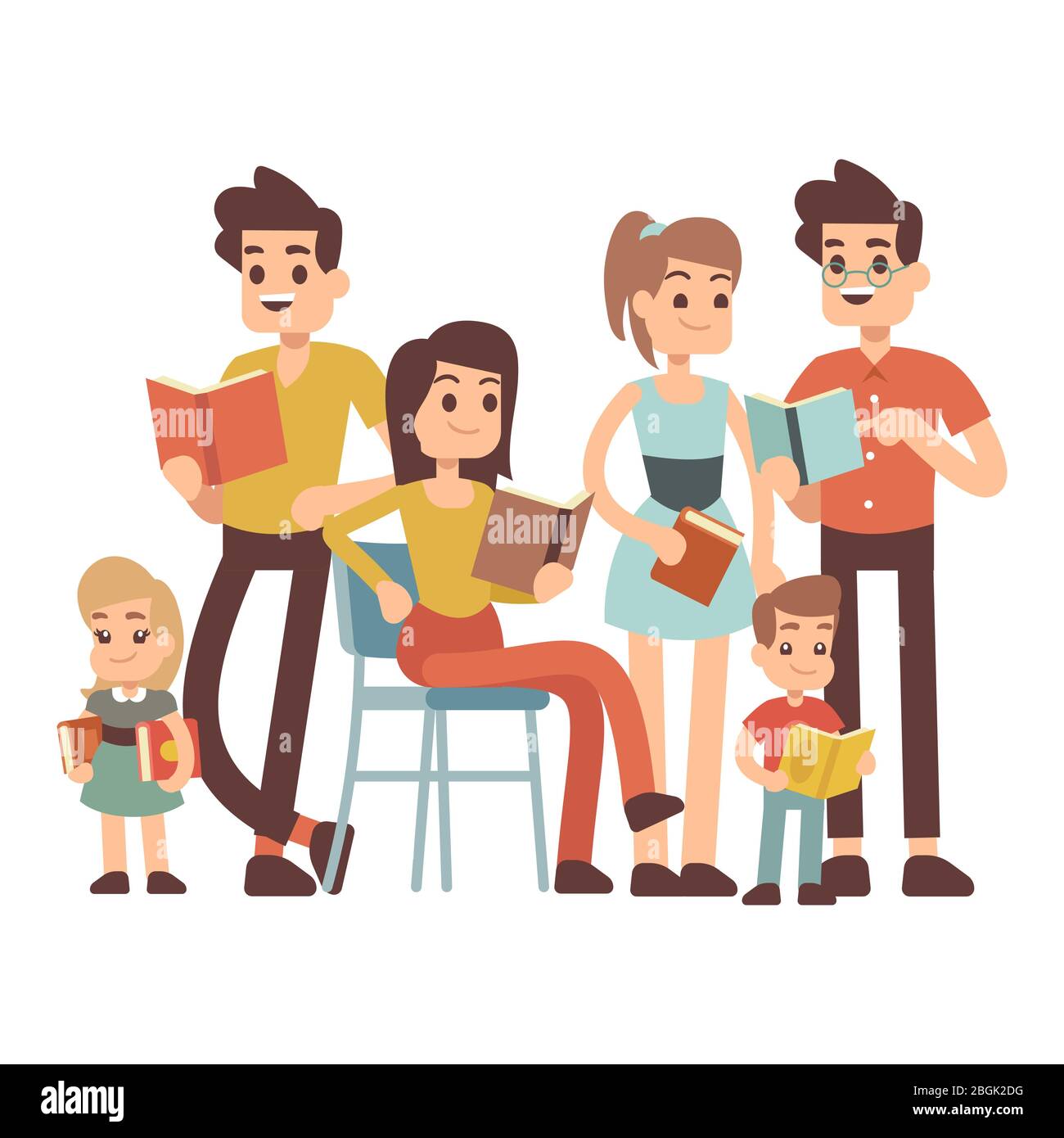 Cartoon Familienfigur Kinder und Erwachsene mit Büchern isoliert auf weißem Hintergrund. Vektorgrafik Stock Vektor