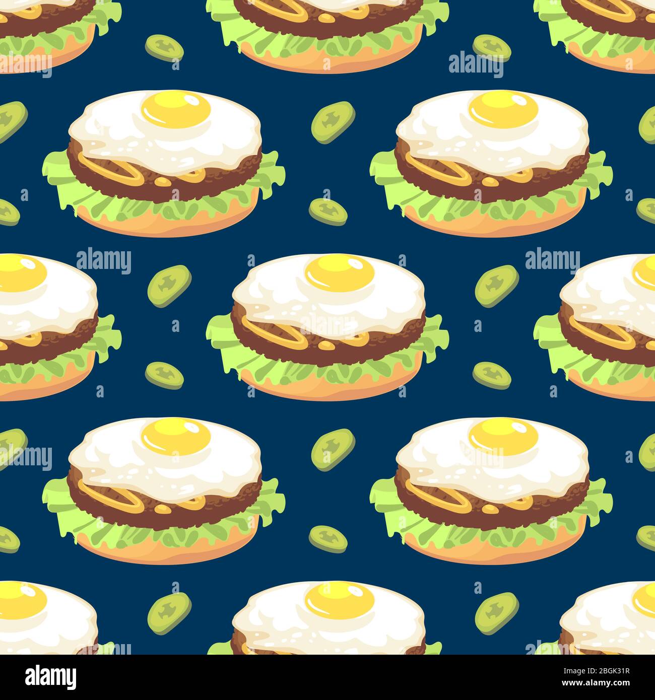 Fast Food nahtlose Muster mit Omelette Sandwich und Gurken. Hintergrund der Vektorgrafik Stock Vektor