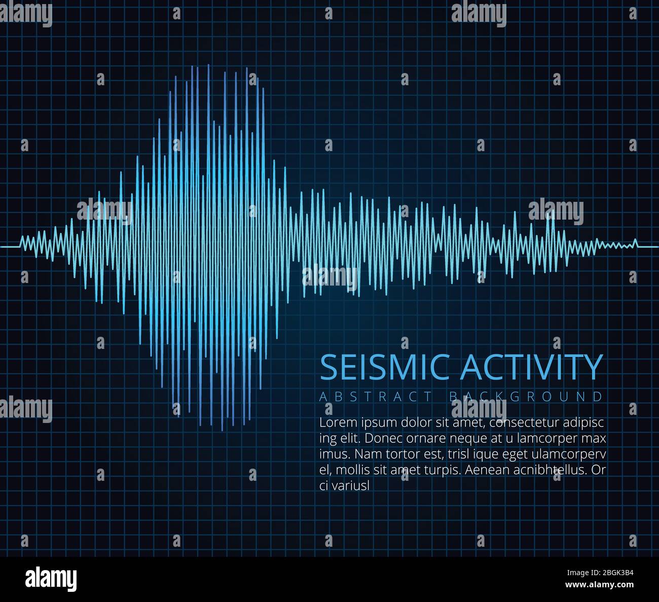 Wellendiagramm der Erdbebenfrequenz, seismische Aktivität. Vektor abstrakt wissenschaftlicher Hintergrund. Diagramm Seismograph, Vibrationsamplitude Abbildung Stock Vektor