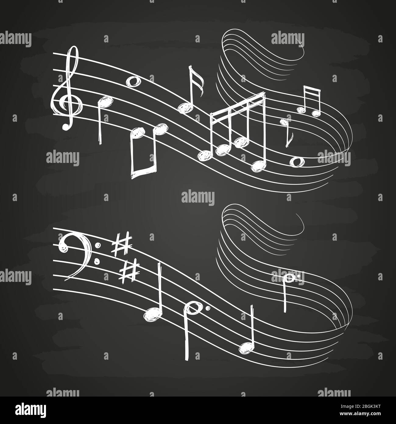Kreideskizze musikalische Klangwelle mit Noten auf Tafel isoliert. Vektorgrafik Stock Vektor