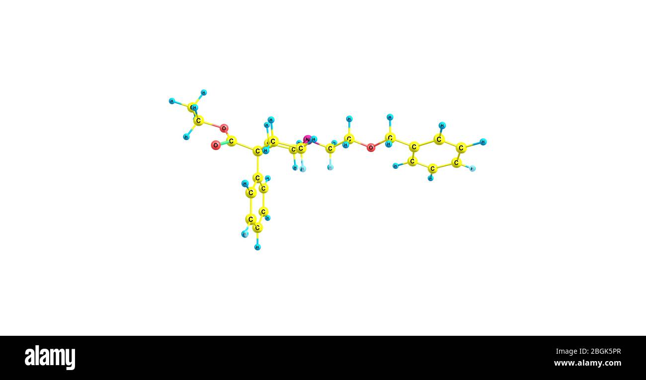 Benzethidin ist ein 4-Phenylpiperidin-Derivat, das mit dem Opioid-Analgetikum Pethidin verwandt ist. 3d-Darstellung Stockfoto