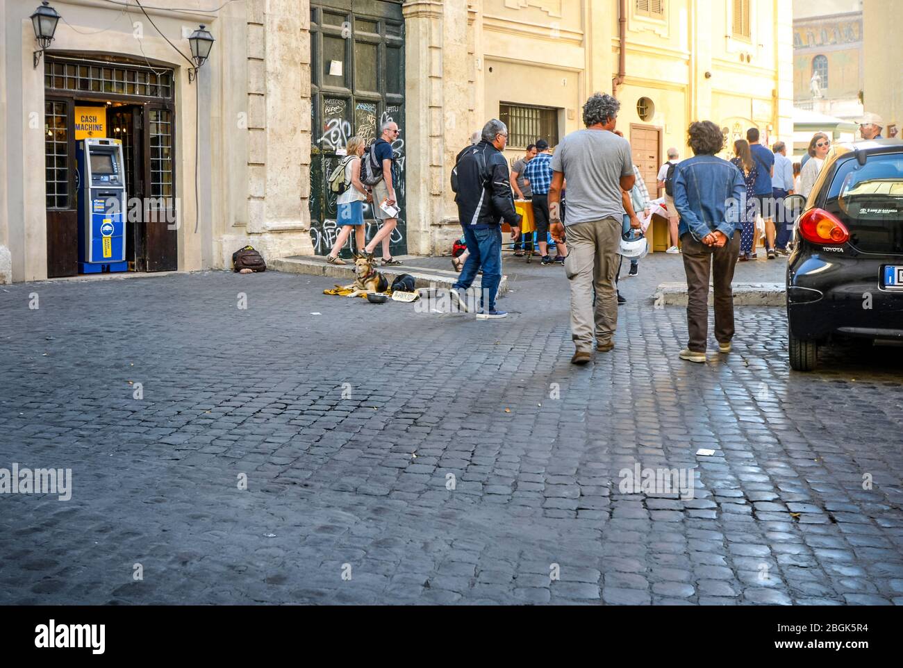 Touristen und Einheimische kommen an zwei Straßenhunden mit einer Schüssel vorbei, die um Hilfe und Geld bitten, im Stadtteil Trastevere in Rom. Stockfoto
