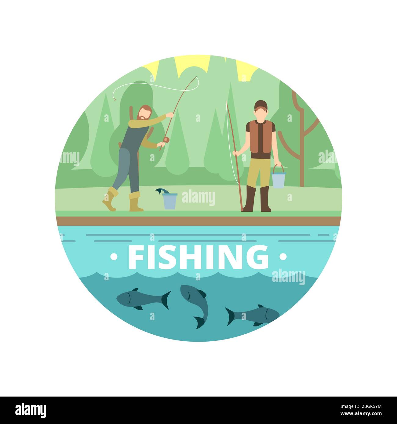 Outdoor-Aktivitäten im Sommer. Fischerei Menschen mit Fisch und Ausrüstung Vektor-Emblem Symbol isoliert auf weißen Illustration Stock Vektor