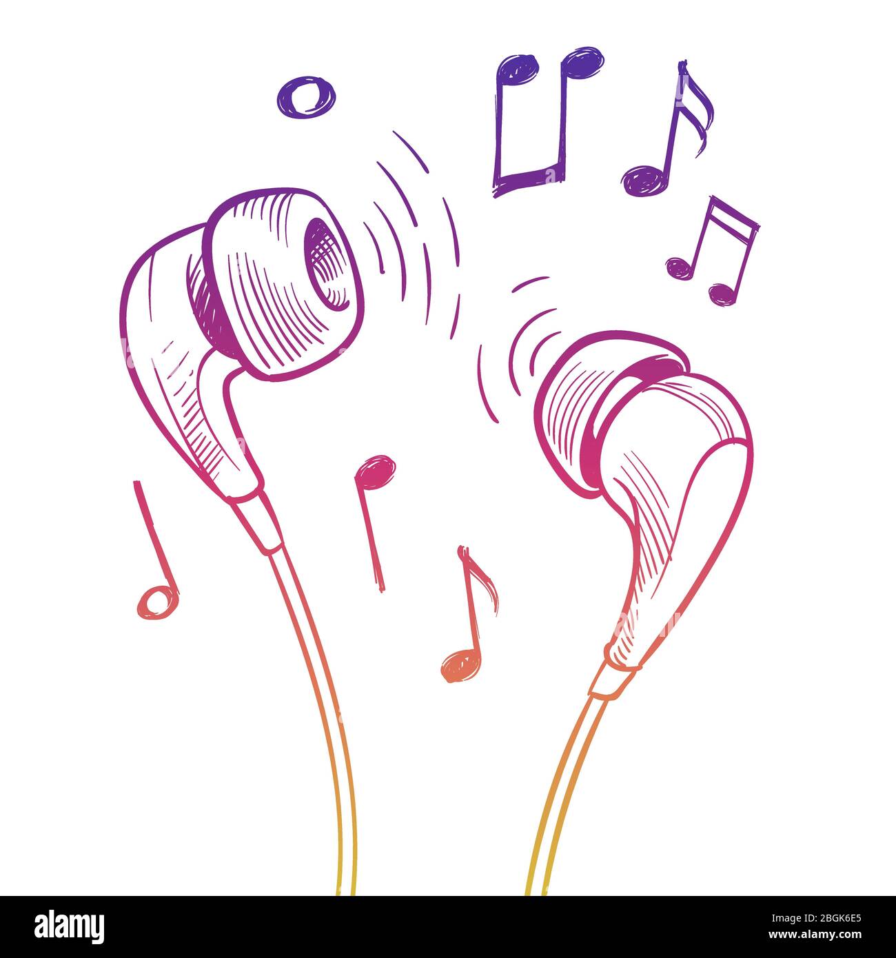 Farbenfrohes Kopfhörerdesign. Vektor-Musik Notizen und Kopfhörer isoliert auf weißem Hintergrund Illustration Stock Vektor