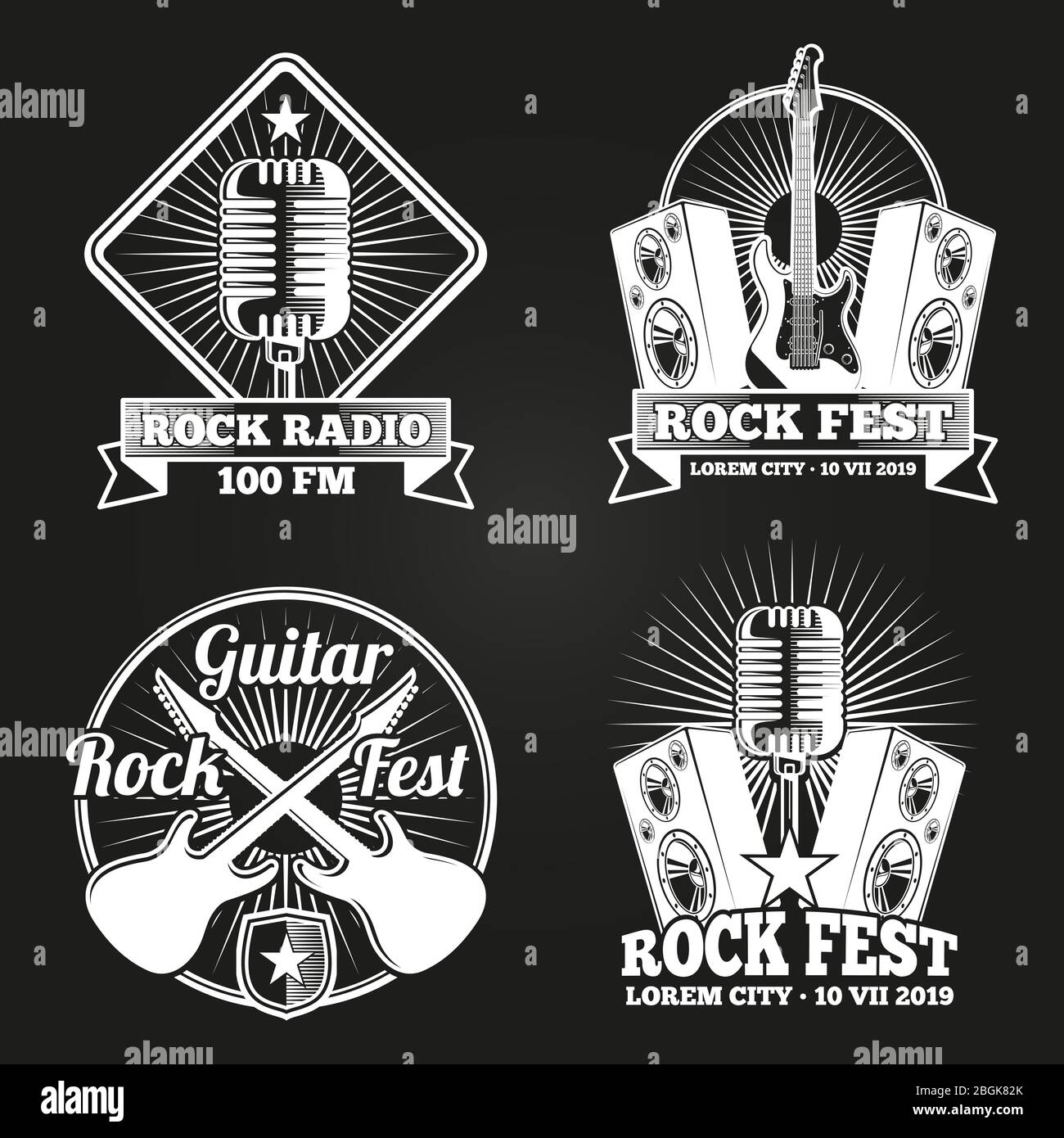 Weiße Musik Festival Banner gesetzt. Rock Musik fest Embleme Vektor Design Illustration Stock Vektor