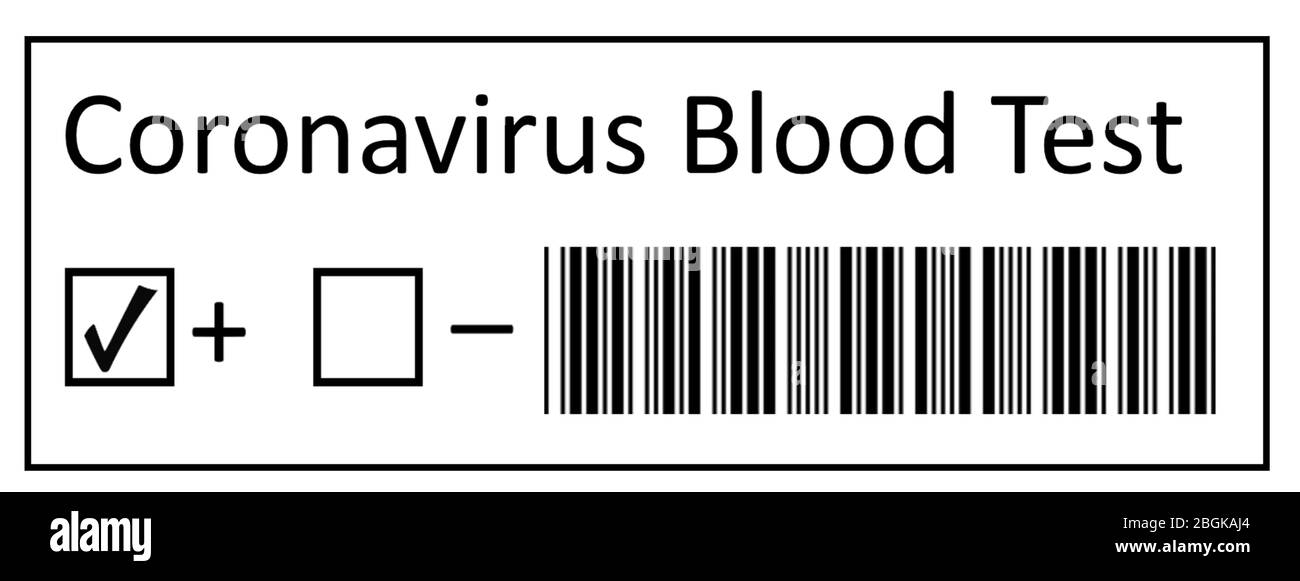 Test für Blutanalyse COVID-19, Test für Coronavirus. Schreiben auf Reagenzglas mit positiven und negativen Testergebnissen für Coronavirus Covid-19. Stockfoto