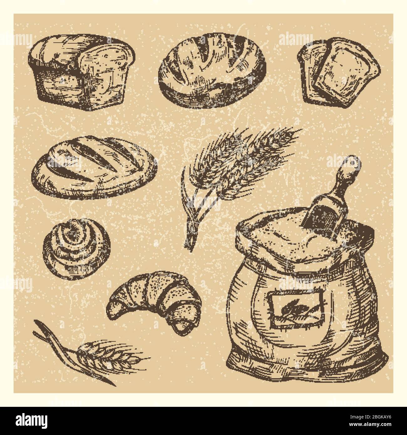 Handgezeichnetes Brot, Brötchen, Croissant, Mahlzeit Vektor-Set Illustration Stock Vektor