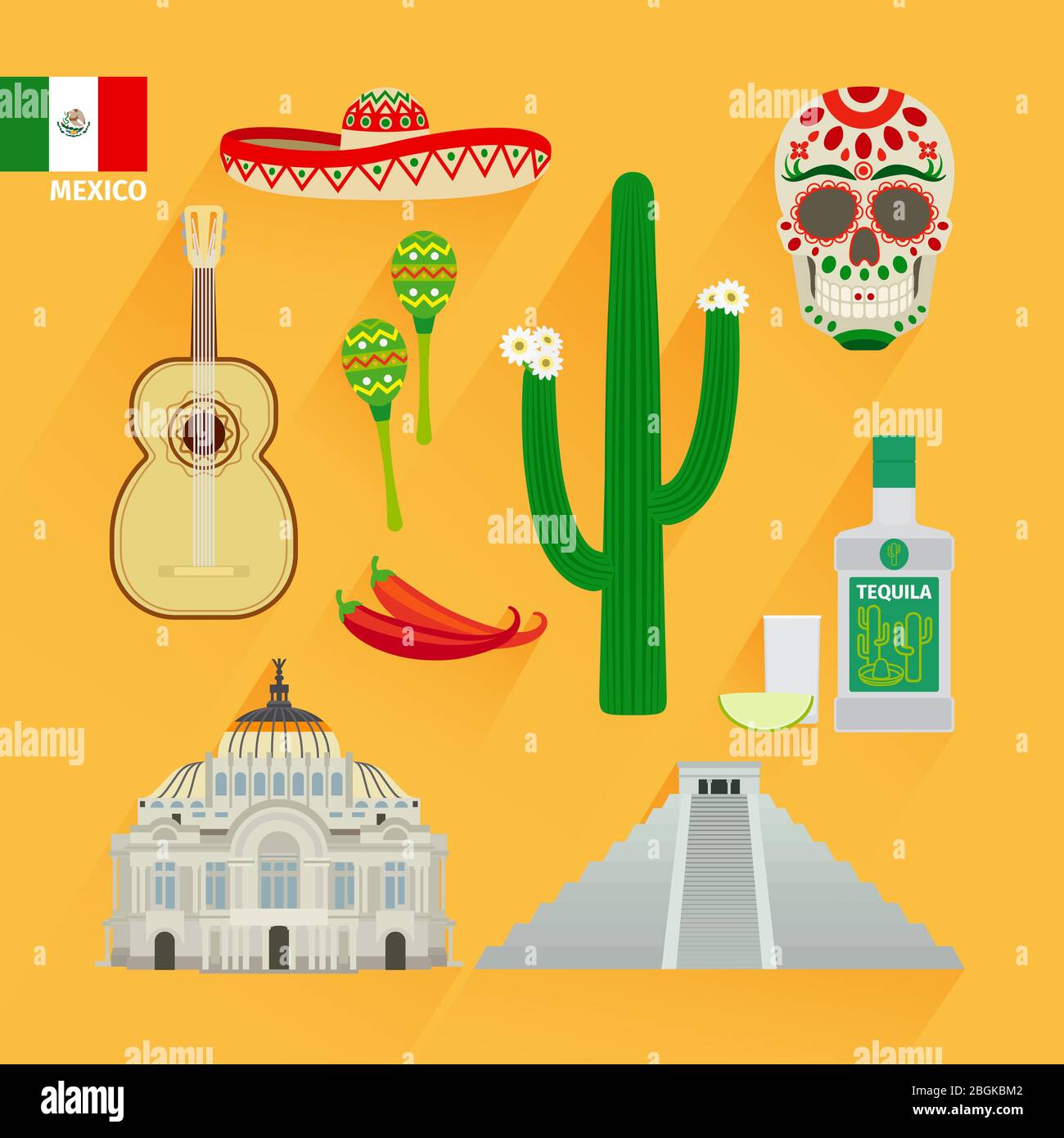 Mexiko-Ikonen und Flagge in flachem Stil Stock Vektor