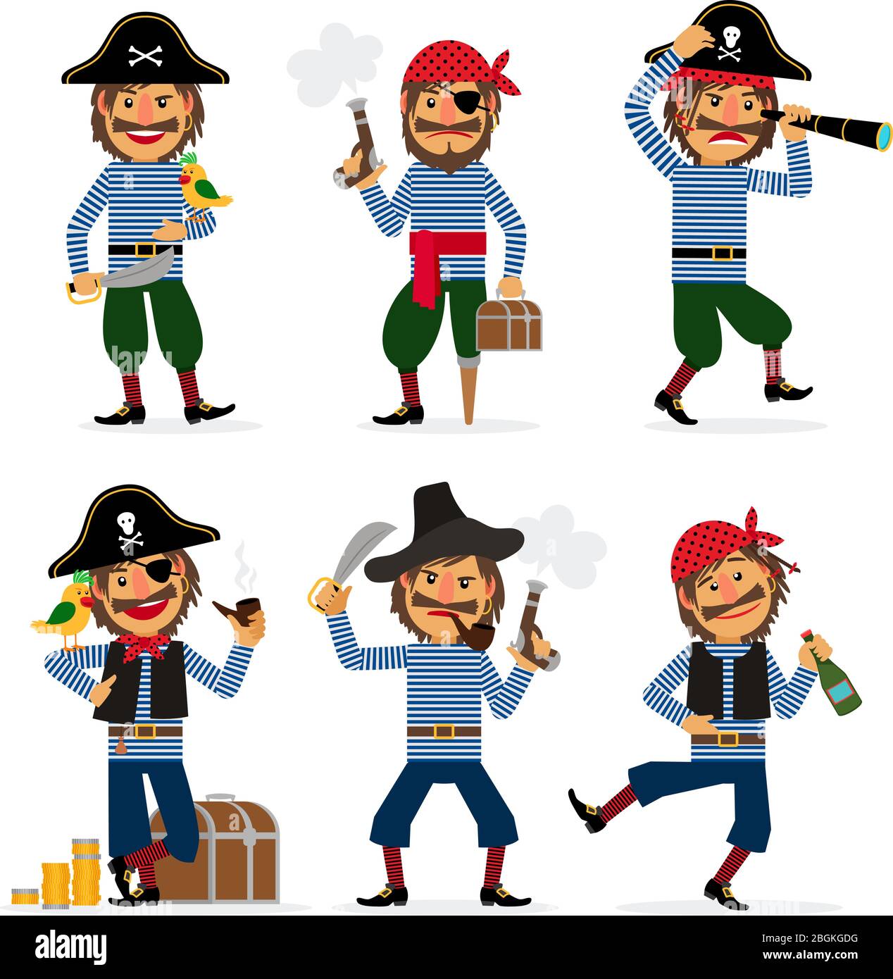 Cartoon Piraten Figuren mit Pistole und Rum und Papagei. Vektorgrafik. Stock Vektor