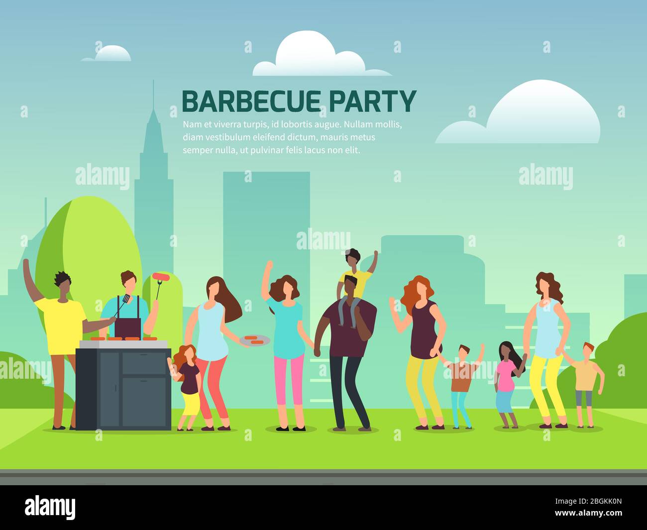 Banner-Design für Grillpartys. Cartoon Charakter internationale Familien in Park Vektor-Illustration Stock Vektor