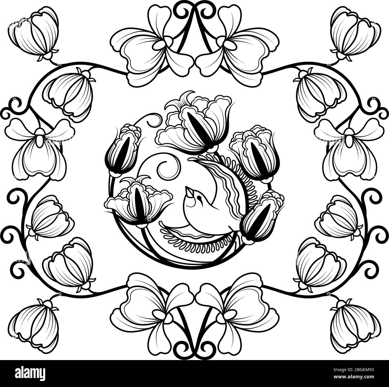 Floraler Rahmen mit Vogel schwarze Silhouette auf weiß Stock Vektor