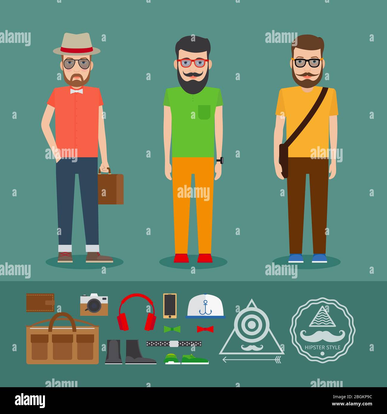 Letzter Hipster Flat Style. Kleidung und Etiketten. Vektorsatz Stock Vektor