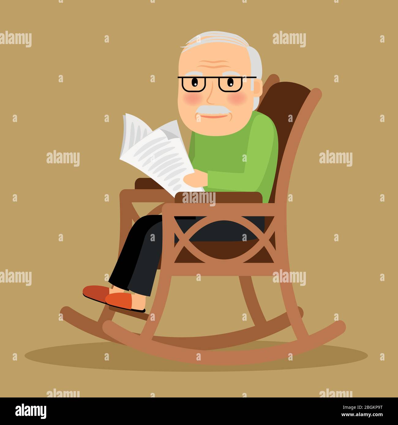Alter Mann sitzt in Schaukelstuhl und liest Zeitung. Vektorgrafik. Stock Vektor