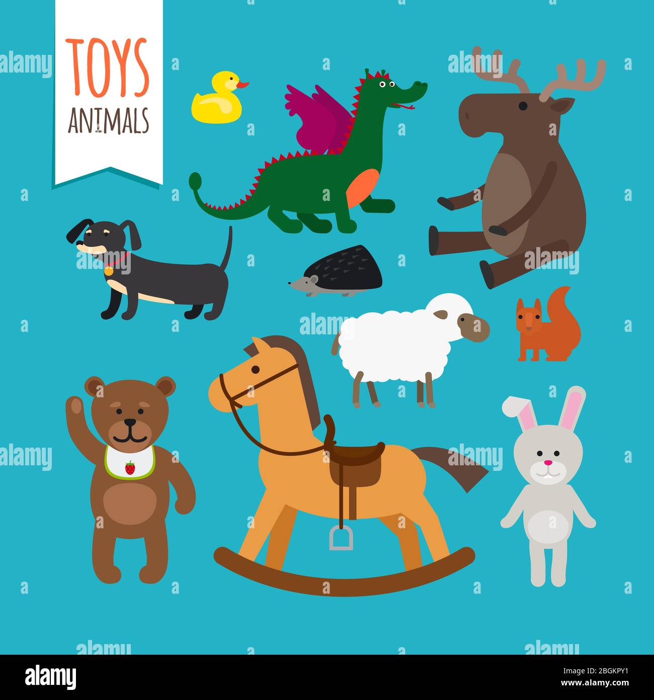 Spielzeug Tiere Vektor. Teddybär und Kaninchen, Drache und weiche Schafe Stock Vektor