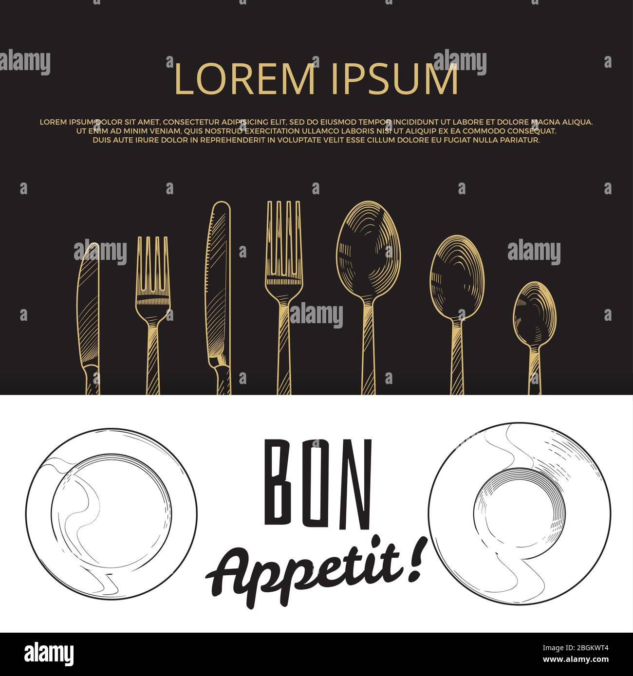 Vintage Messer, Gabel, Löffel und Geschirr in Skizzengravur Stil. Banner-Vorlage für das Menü „Bon Appetit“. Vektorgrafik Stock Vektor