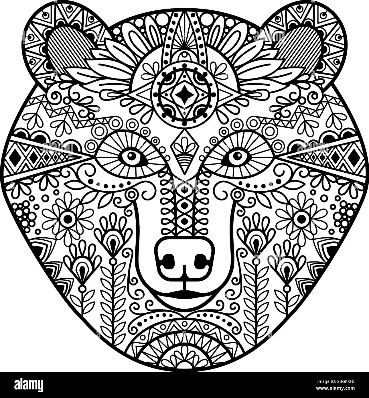 Zentangle Bärenkopf. Hand gezeichnetes Doodle Bär Gesicht, Vektor