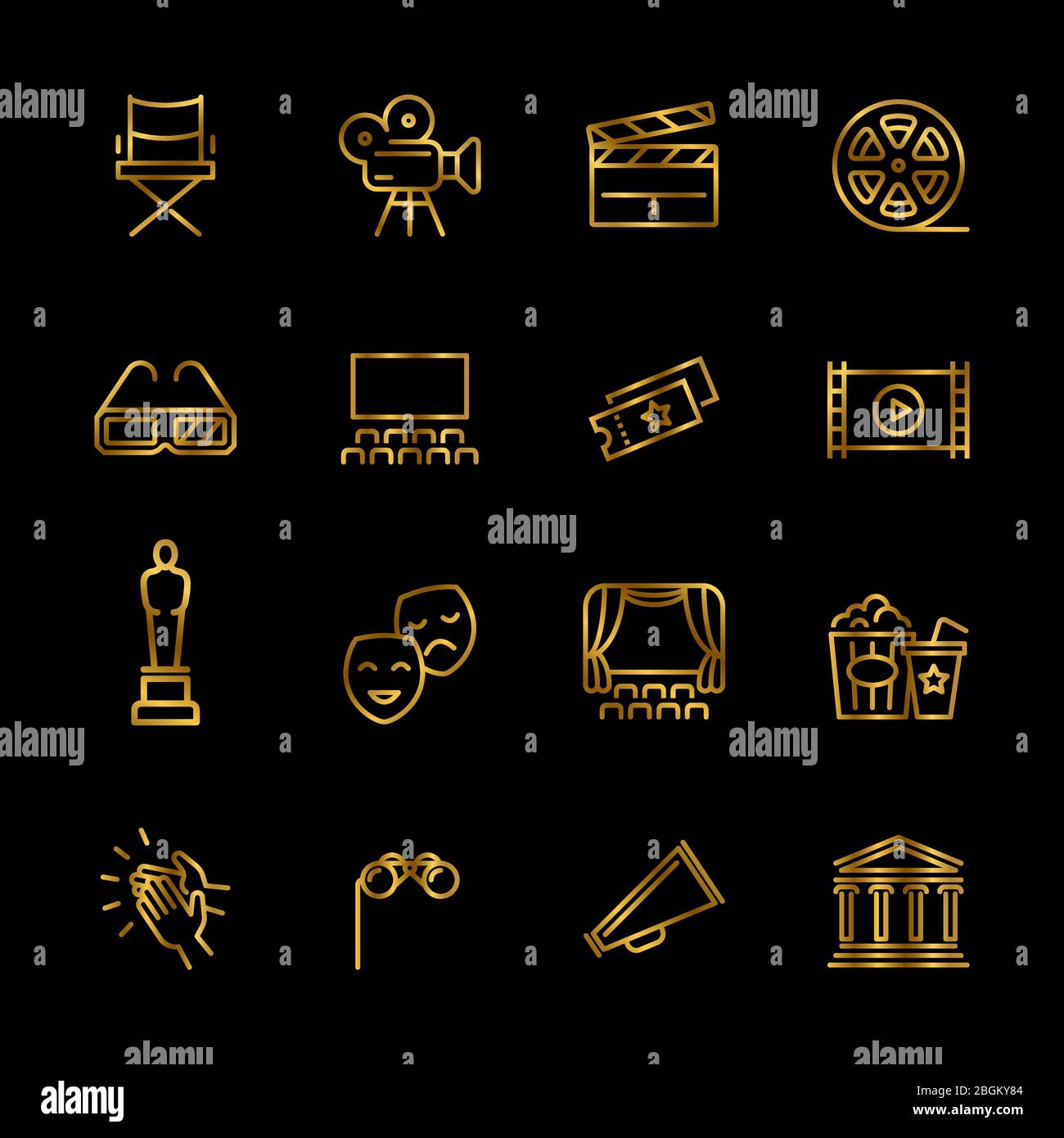 Goldene Vektor-Symbole für Unterhaltung und Leistung. Glänzende Theater und Kino Umriss Symbole Illustration Stock Vektor