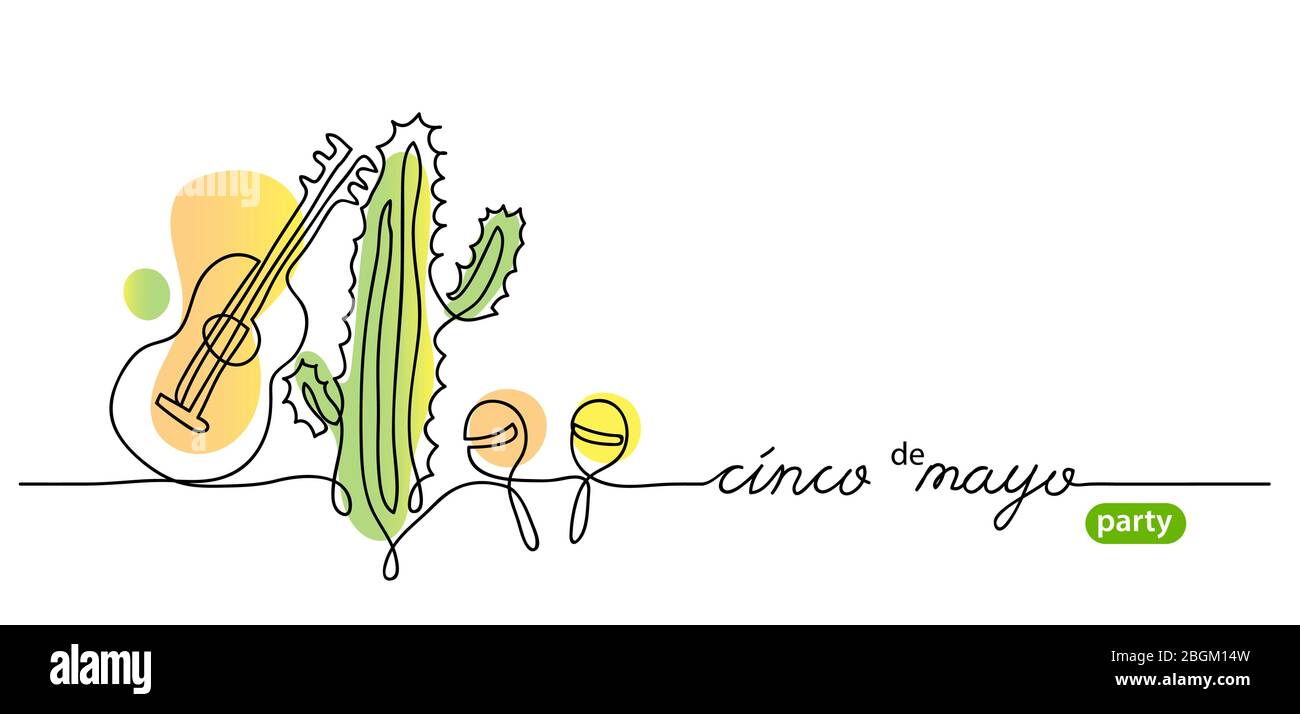 Cinco de mayo party simple vector background. One continuous line drawing of cactus, maracas, guitar and text. Stock Vektor