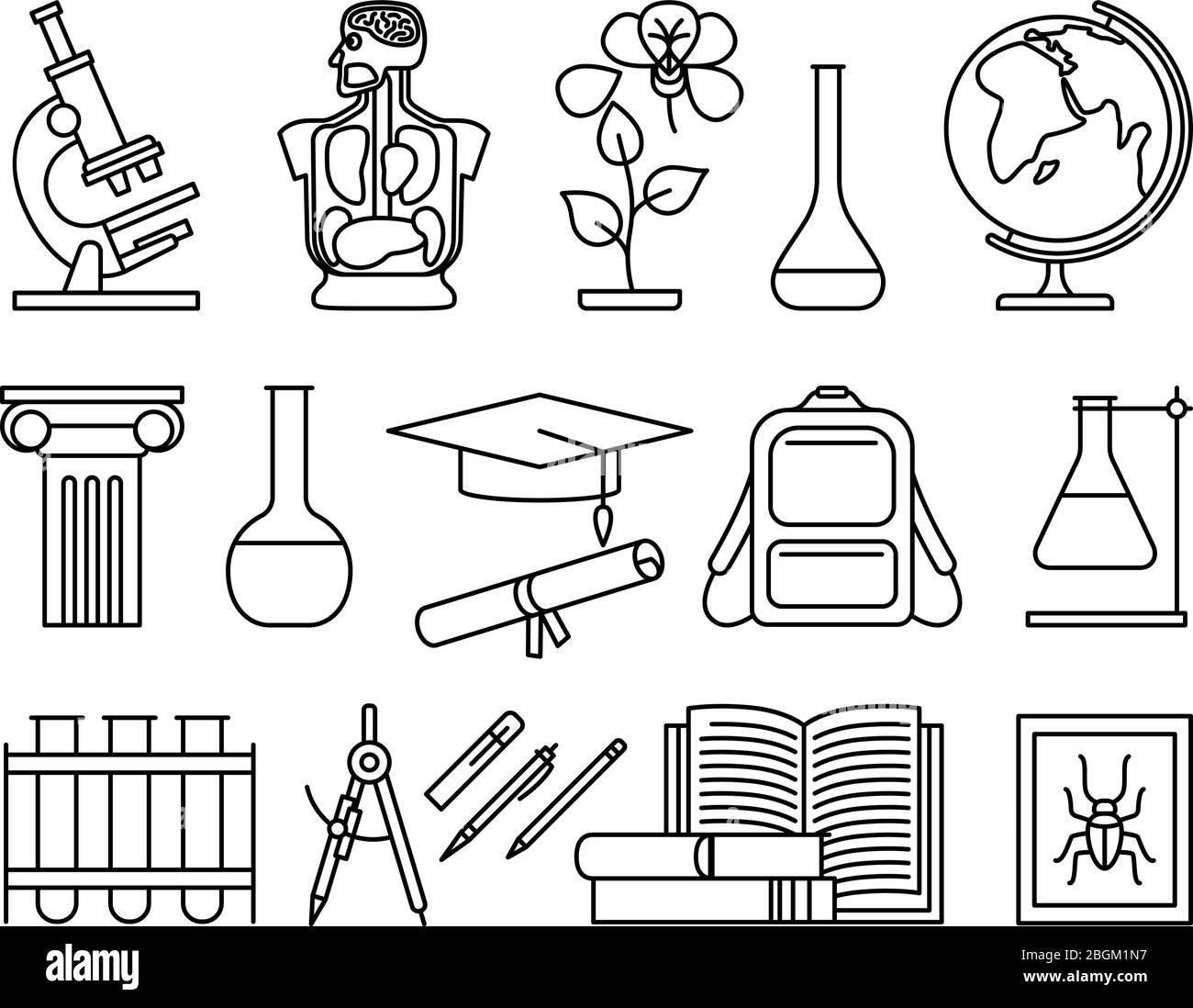 Wissenschaft und Bildung schwarze dünne Linie Symbole auf weißem Hintergrund. Vektorgrafik Stock Vektor