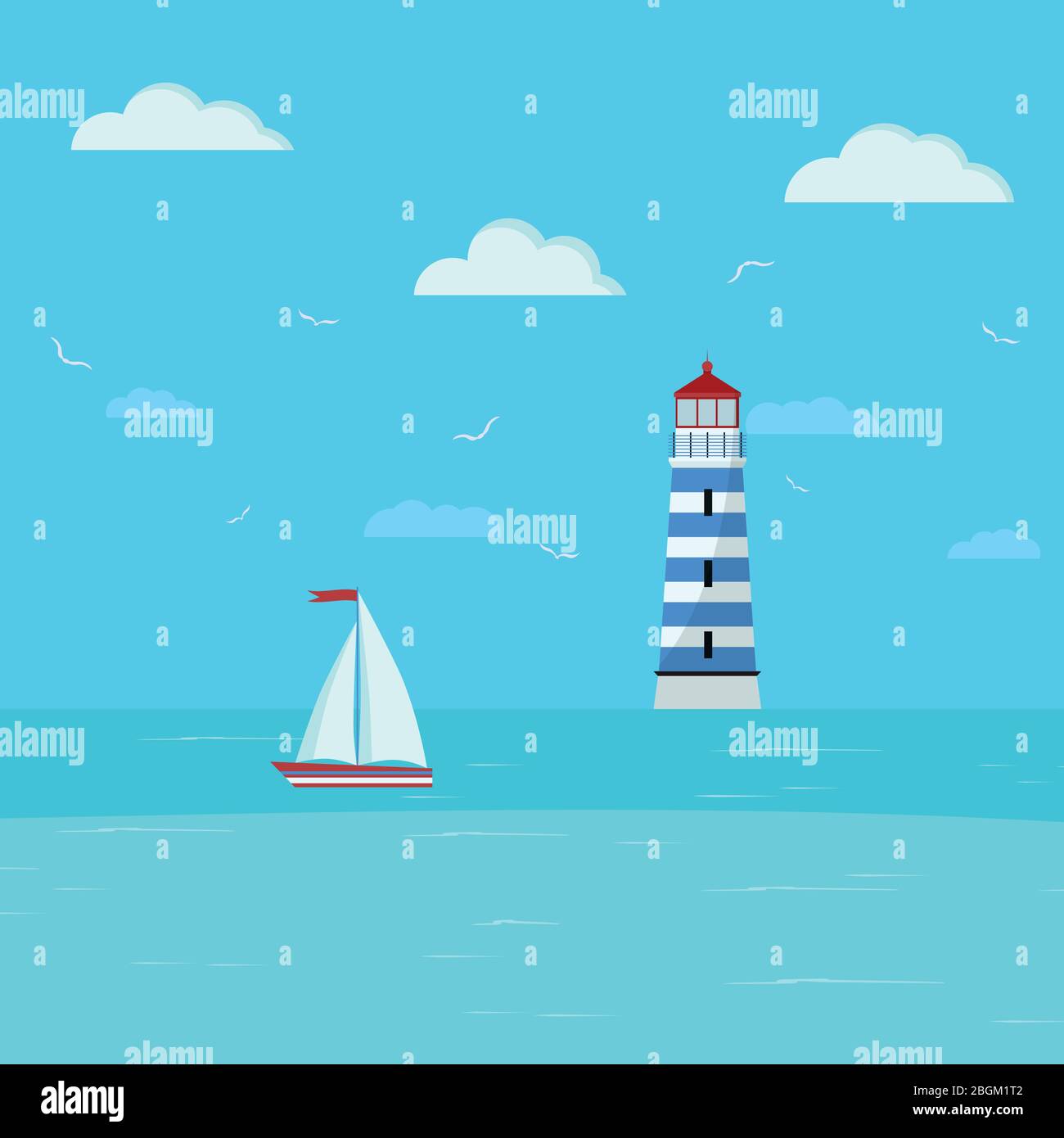 Leuchtturm und Segelboot auf der Meereslandschaft. Meer mit blauem Wasser, Wolken, Schiff, Leuchtturm Gebäude. Vektor-Illustration von Meereslandschaft Hintergrund in fl Stock Vektor