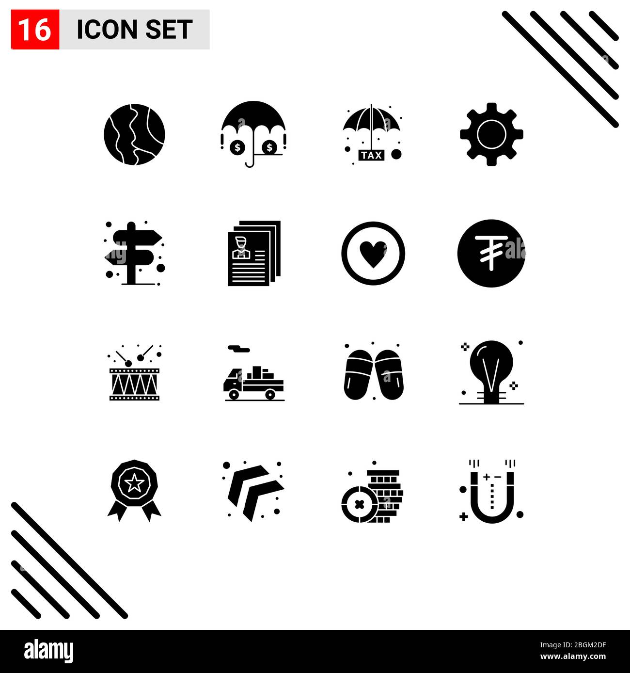 16 Universelle feste Glyphen Symbole für Ort, Einstellung, Ausweichen, Satz, grundlegende editierbare Vektordesign-Elemente Stock Vektor