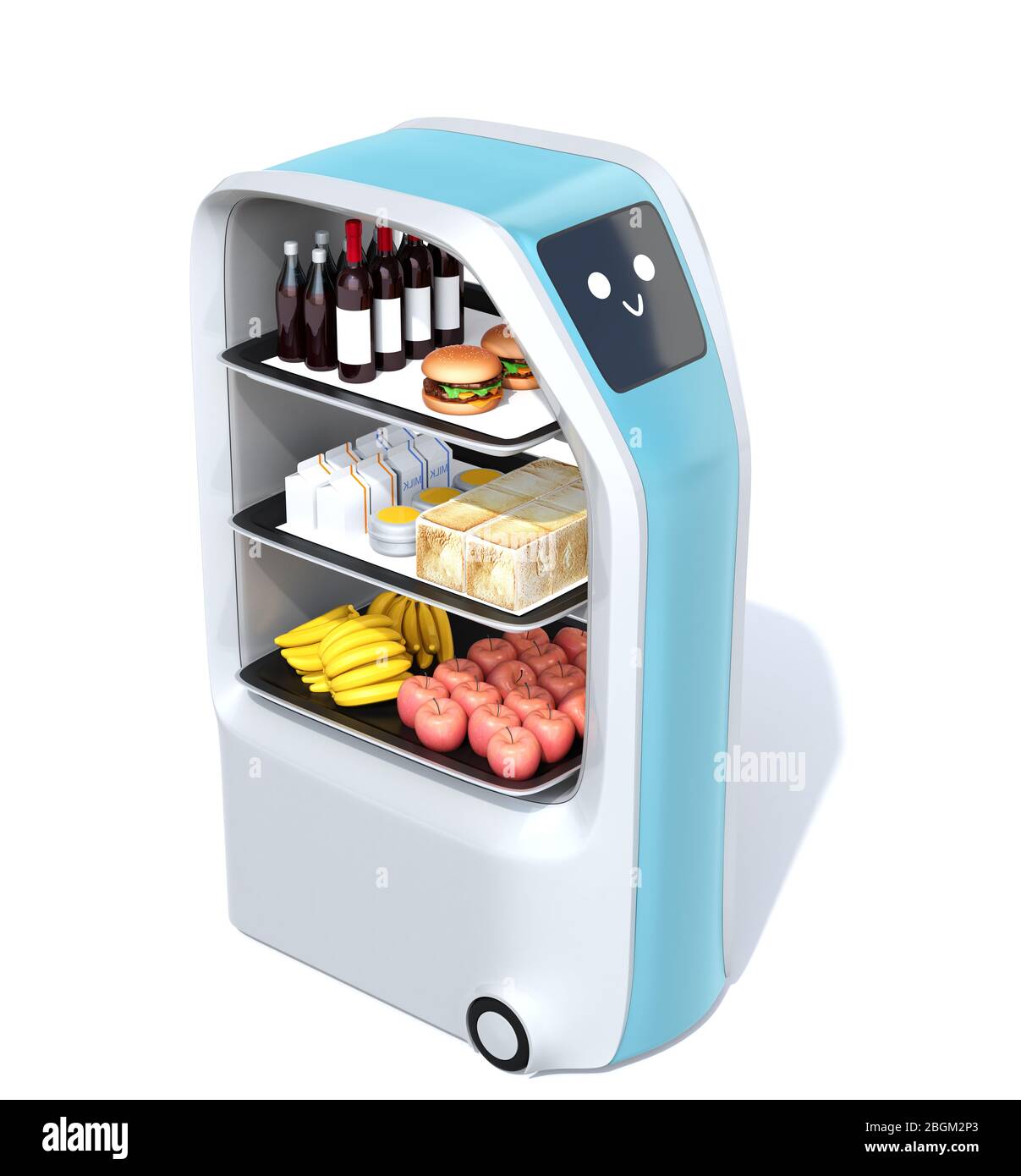 Food Delivery Roboter isoliert auf weißem Hintergrund. Touchscreen mit Symbol für Smile Emotion. 3D-Rendering-Bild. Stockfoto