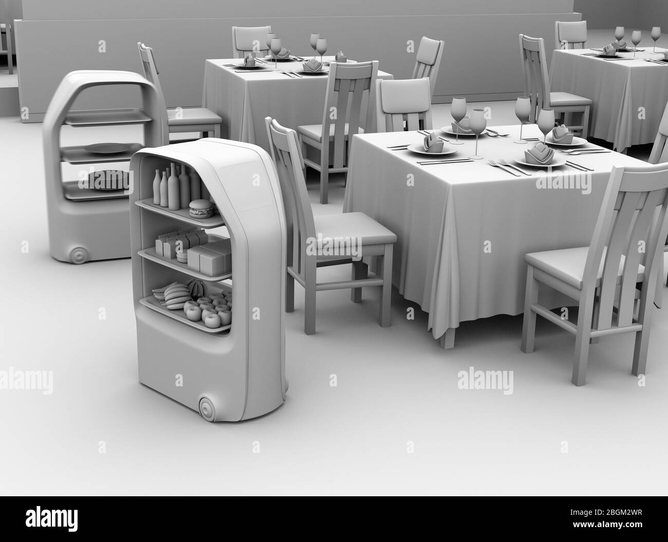 Ton Rendering von Lebensmitteln Lieferung Roboter arbeiten in einem Restaurant. Servicekonzept ohne Sprachanwort. 3D-Rendering-Bild. Stockfoto