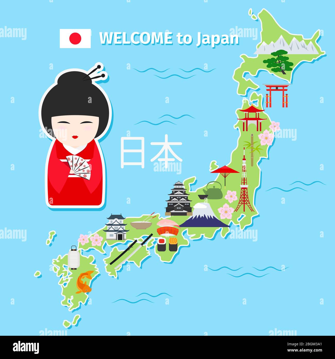 Japan Reisekarte. Touristisches Zielschema mit Wahrzeichen darauf. Stock Vektor