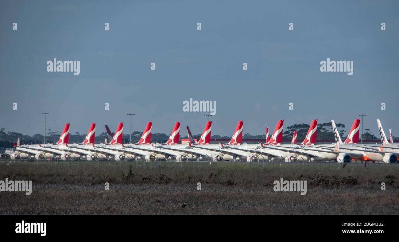 Melbourne Australien während der Covid-19 Pandemie 2020. Geerdete Qantas-Flugzeuge am Avalon Airport Melbourne Australien. Stockfoto