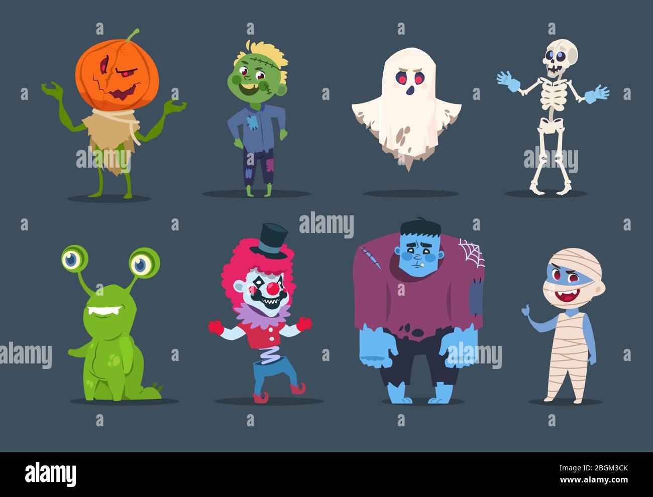 Halloween-Figuren. Niedliche Monster und Kinder verkleiden sich in halloween-Kostümen. Vector isoliert Set böse Kürbis, Horror Mama und Geist Illustration Stock Vektor