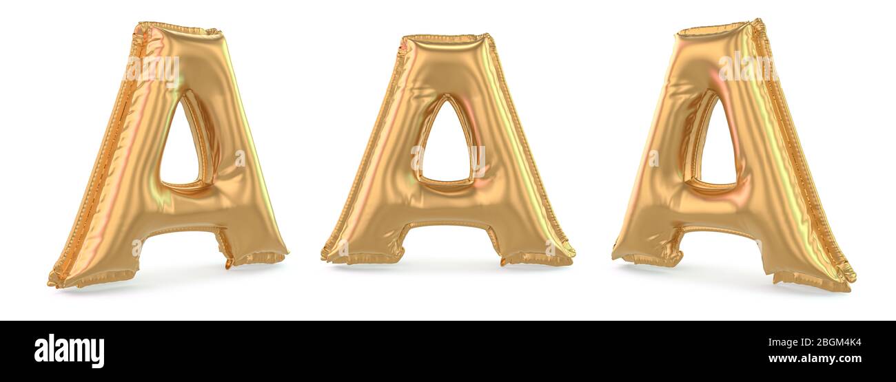 Großbuchstabe A. Großbuchstaben. Aufblasbarer Goldballon auf Hintergrund. 3D-Rendering Stockfoto