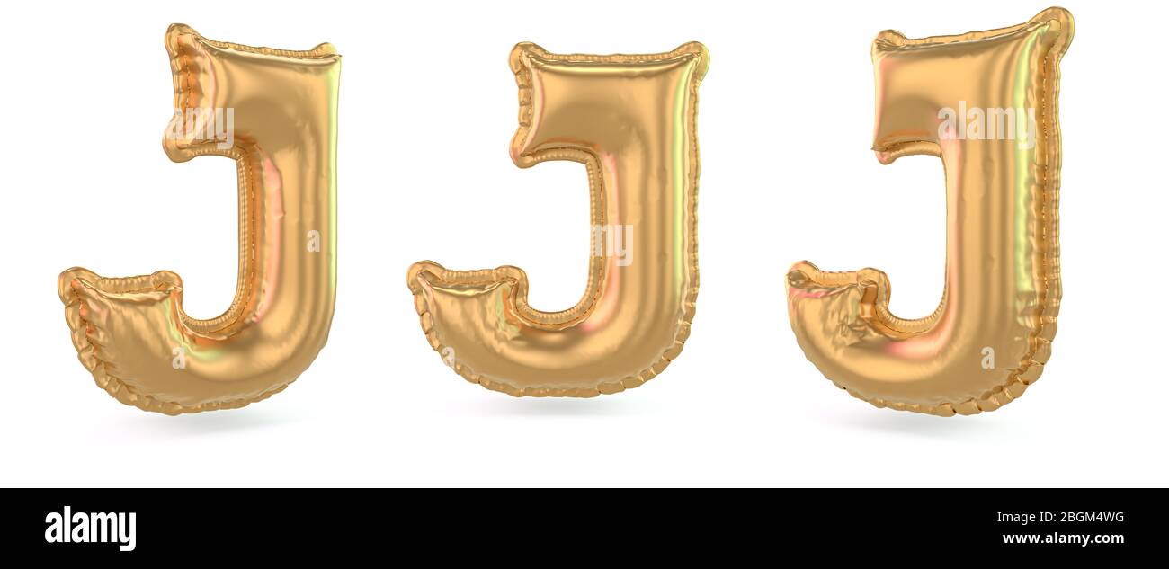 Großbuchstabe J. Großbuchstaben. Aufblasbarer Goldballon auf Hintergrund. 3D-Rendering Stockfoto