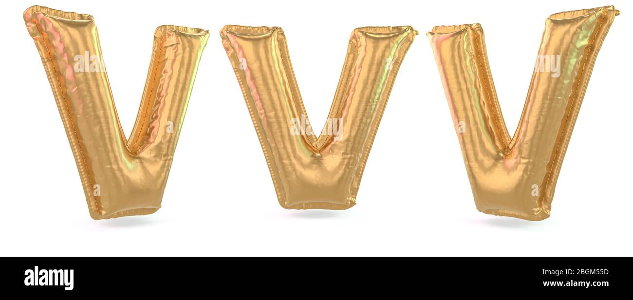 Großbuchstaben V. Großbuchstaben. Aufblasbarer Goldballon auf Hintergrund. 3D-Rendering Stockfoto