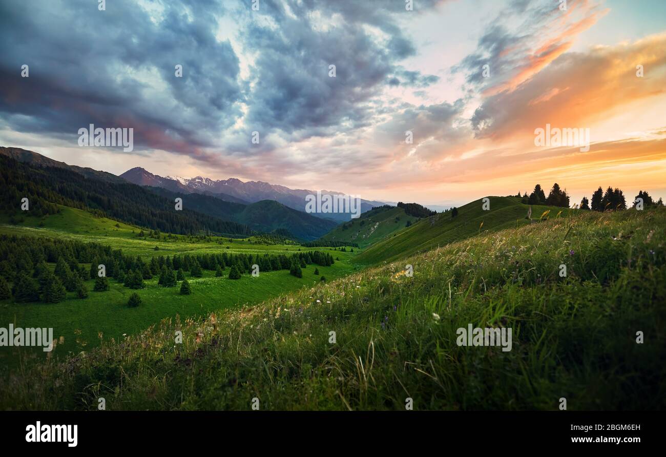 Wunderschöne Landschaft mit grünen Wald Tal und die Berge von Epic orange Sonnenuntergang in Kasachstan und Zentralasien Stockfoto