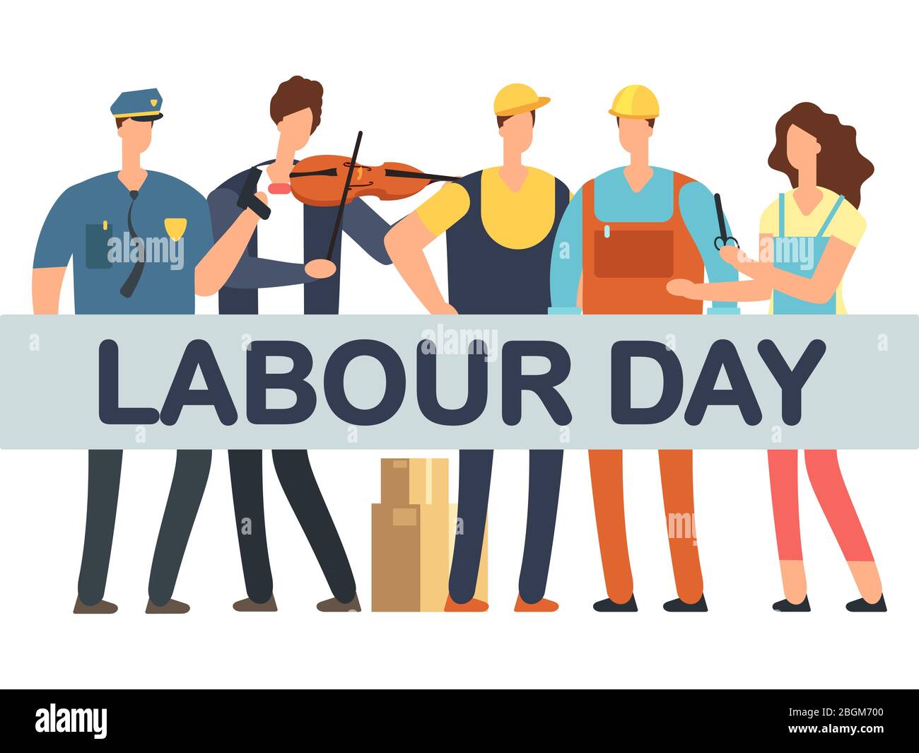 Labor Day Banner mit Cartoon-Profis isoliert auf weißem Hintergrund. Vector Arbeiter Job, Künstler und Arbeiter, Polizei und Auftragnehmer Illustration Stock Vektor