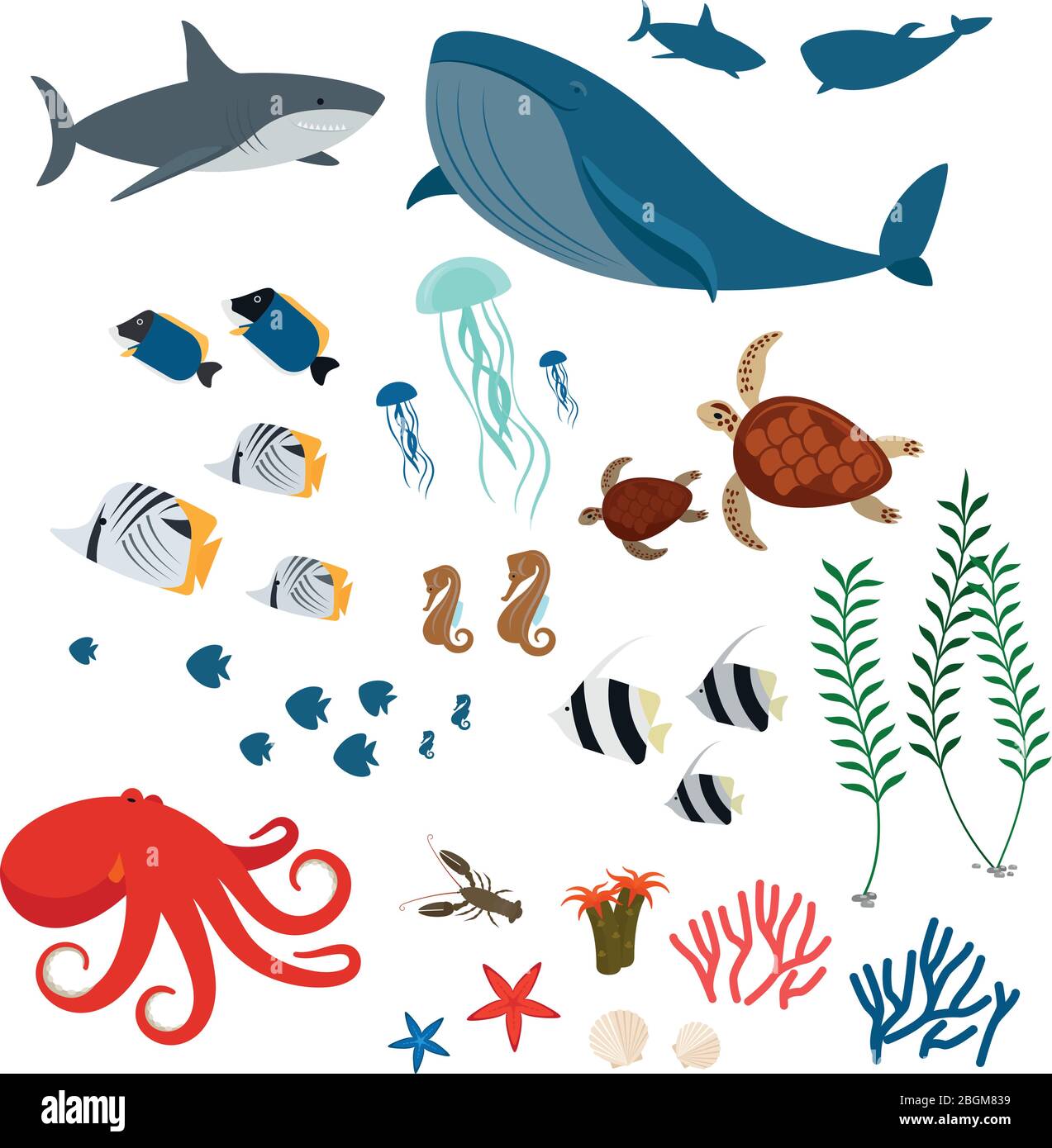 Meerestiere, Meeresfauna und Meeresfische. Symbole der Meeresfauna auf weißem Hintergrund. Vektorgrafik Stock Vektor