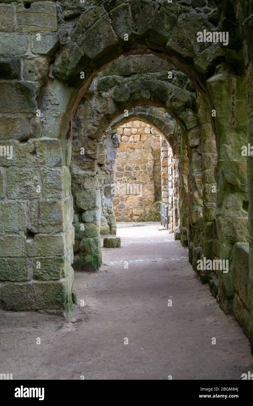 Der Blick in die Ruinen der uralten Burg Oybin im Zittauer Gebirge. Stockfoto