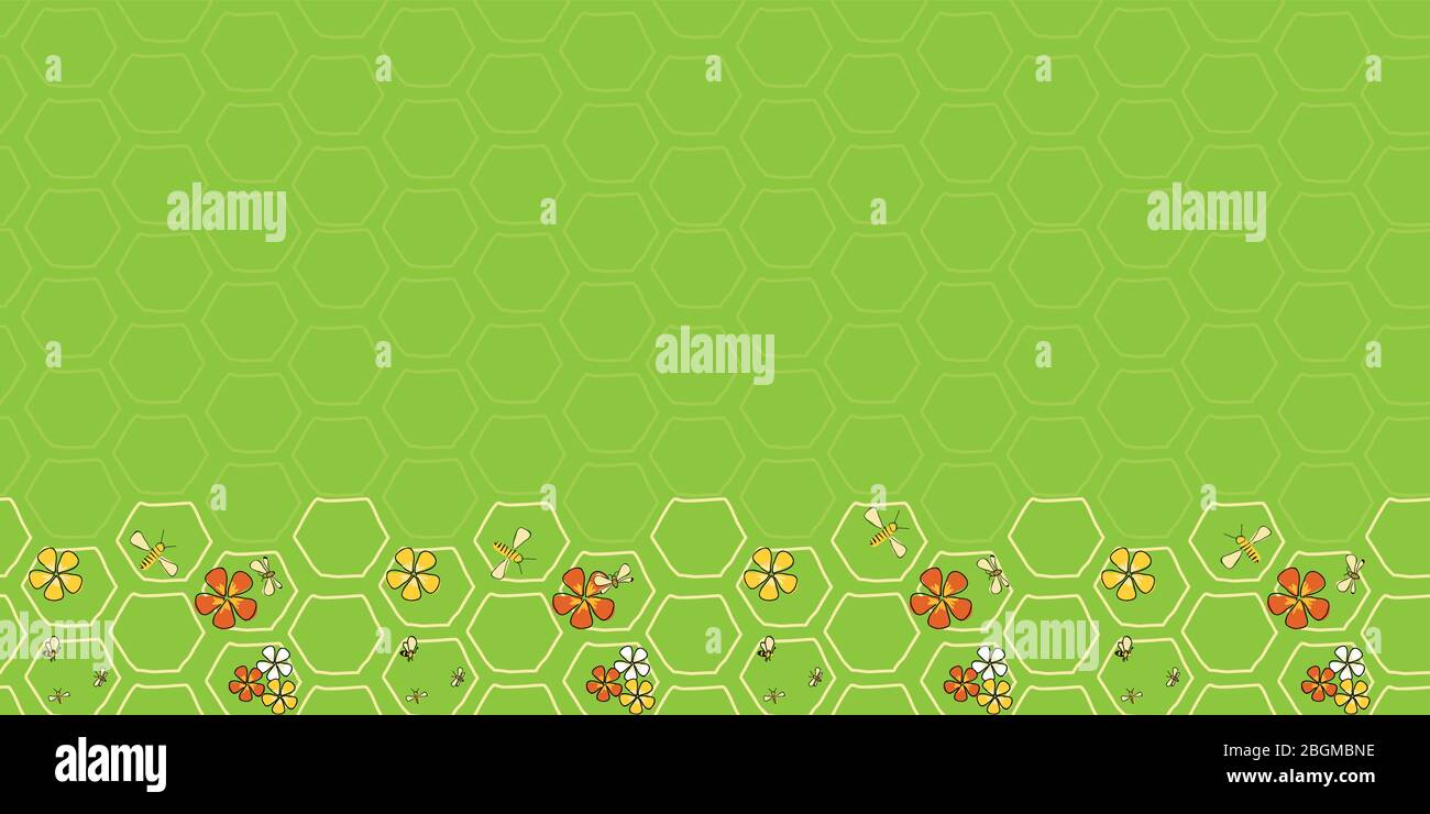 Buzz auf Spring Rand nahtlose Vektor wiederholen Bienen und Blumen auf Wabenoberfläche Muster Design Stock Vektor