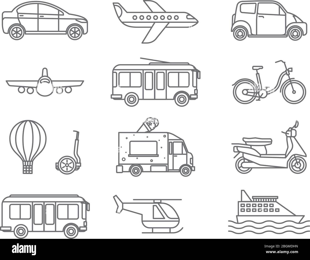 Symbole für Transportlinien. Umriss Transport schwarze Vektor-Symbole auf weißem Hintergrund Stock Vektor