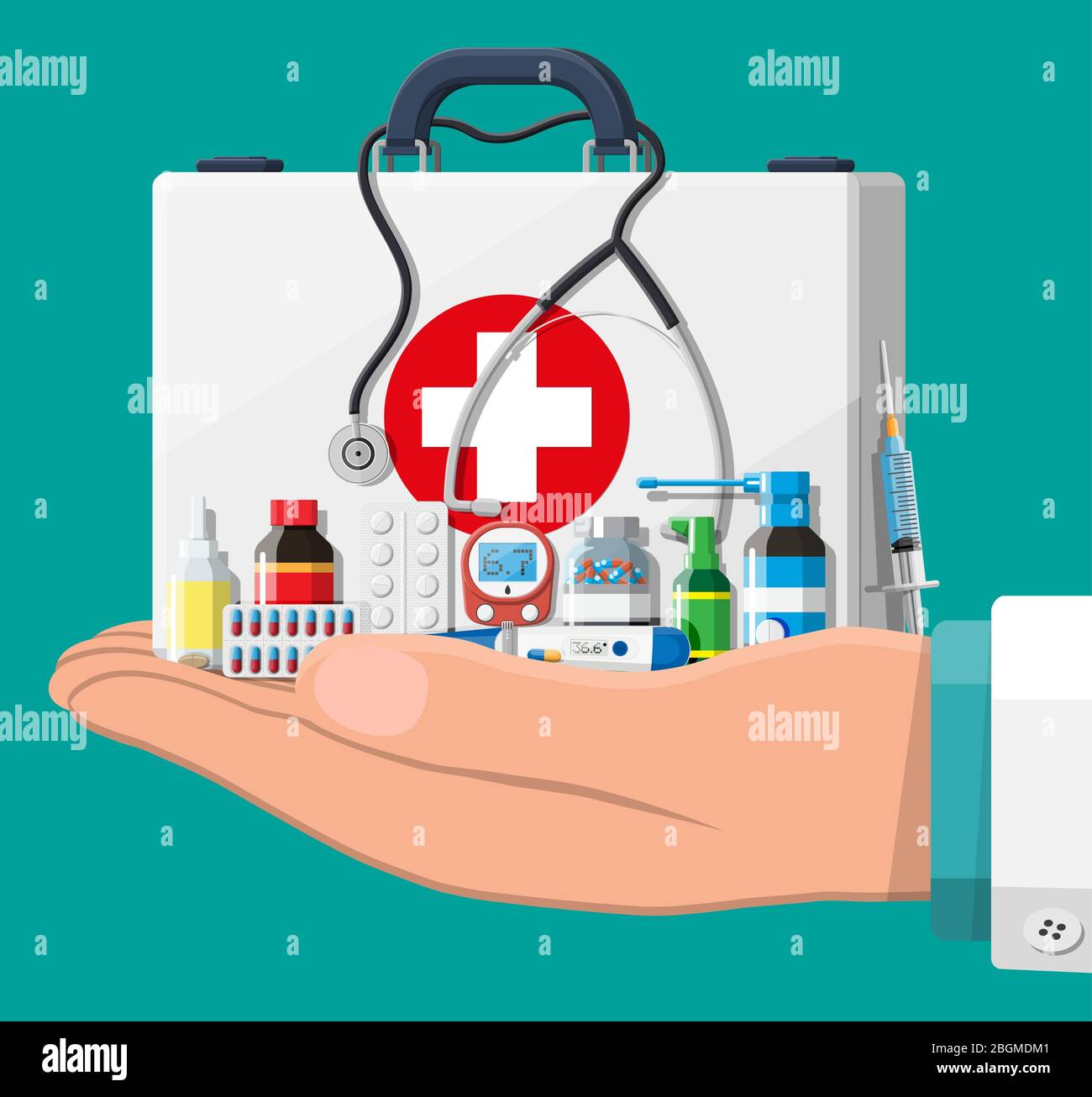 Medizinische erste-Hilfe-Set mit verschiedenen Pillen und medizinischen Geräten. Medizinische Werkzeuge, Medikamente, Stethoskop, Spritze, Glucometer, Thermometer. Diagnostik im Gesundheitswesen. Dringlichkeit. Abbildung flacher Vektorgrafiken Stock Vektor