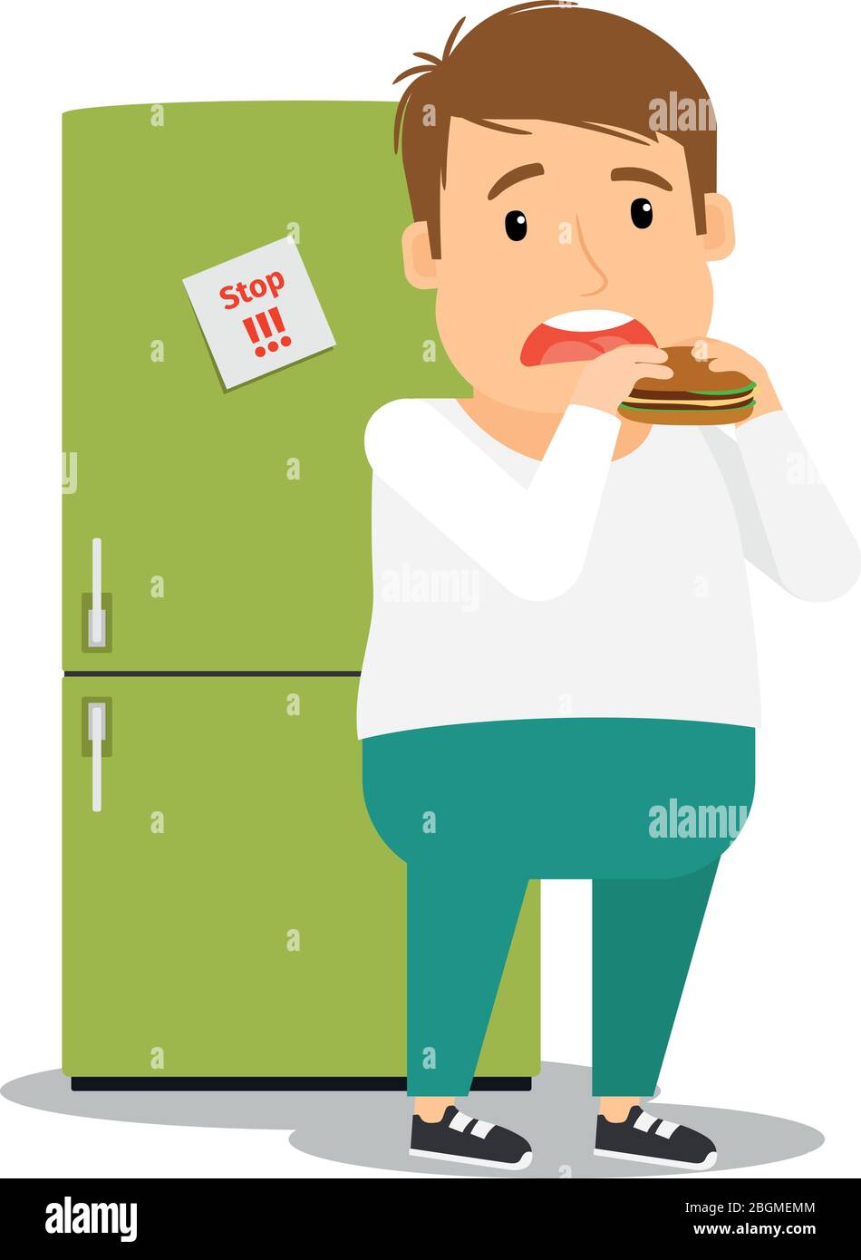 Fat Mann essen Hamburger neben Kühlschrank buntes Bild auf weißem Hintergrund. Vektorgrafik Stock Vektor