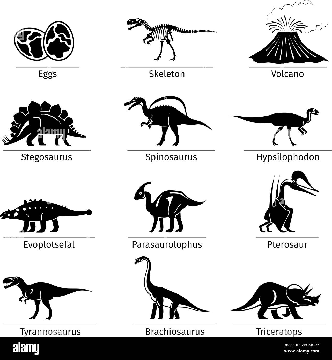 Dinosaurier-Symbole Vektor. Dinosaurier-Ei und Vulkan, Dinosaurier-Skelett und Tyrannosaurus-Ikonen Stock Vektor