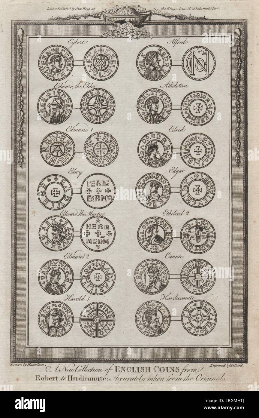 Englische Münzen von Egbert bis Hardicanute. 802-1042 N. CHR. THORNTON 1784 alter Druck Stockfoto