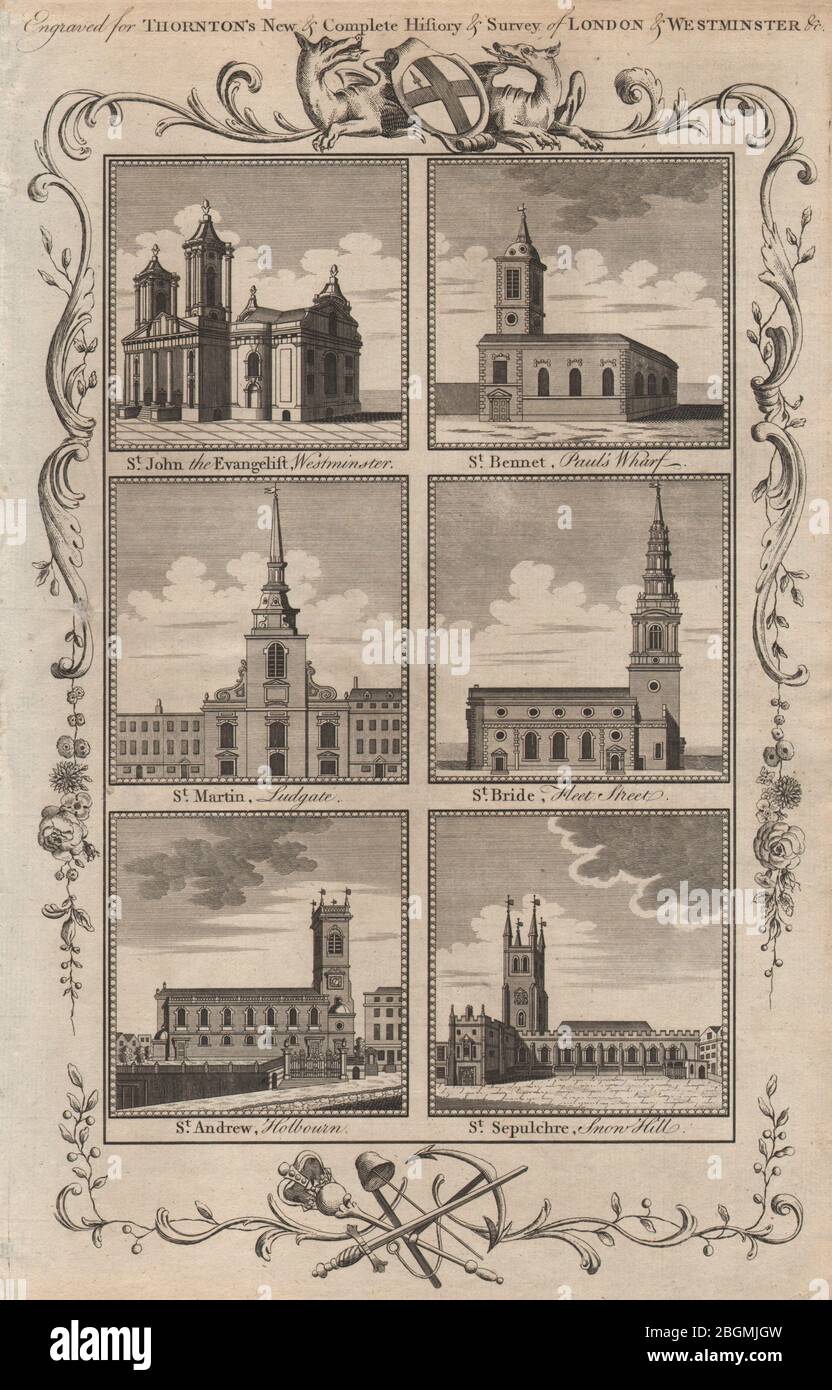 LONDON KIRCHEN St. John Smith Benet Martin Ludgate Braut Andrew Sepulchre 1784 Stockfoto