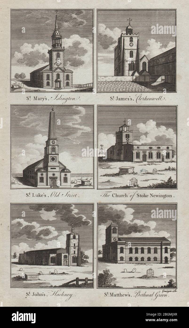 KIRCHEN IN LONDON St. Mary Islington James Luke John Hackney Matthew THORNTON 1784 Stockfoto