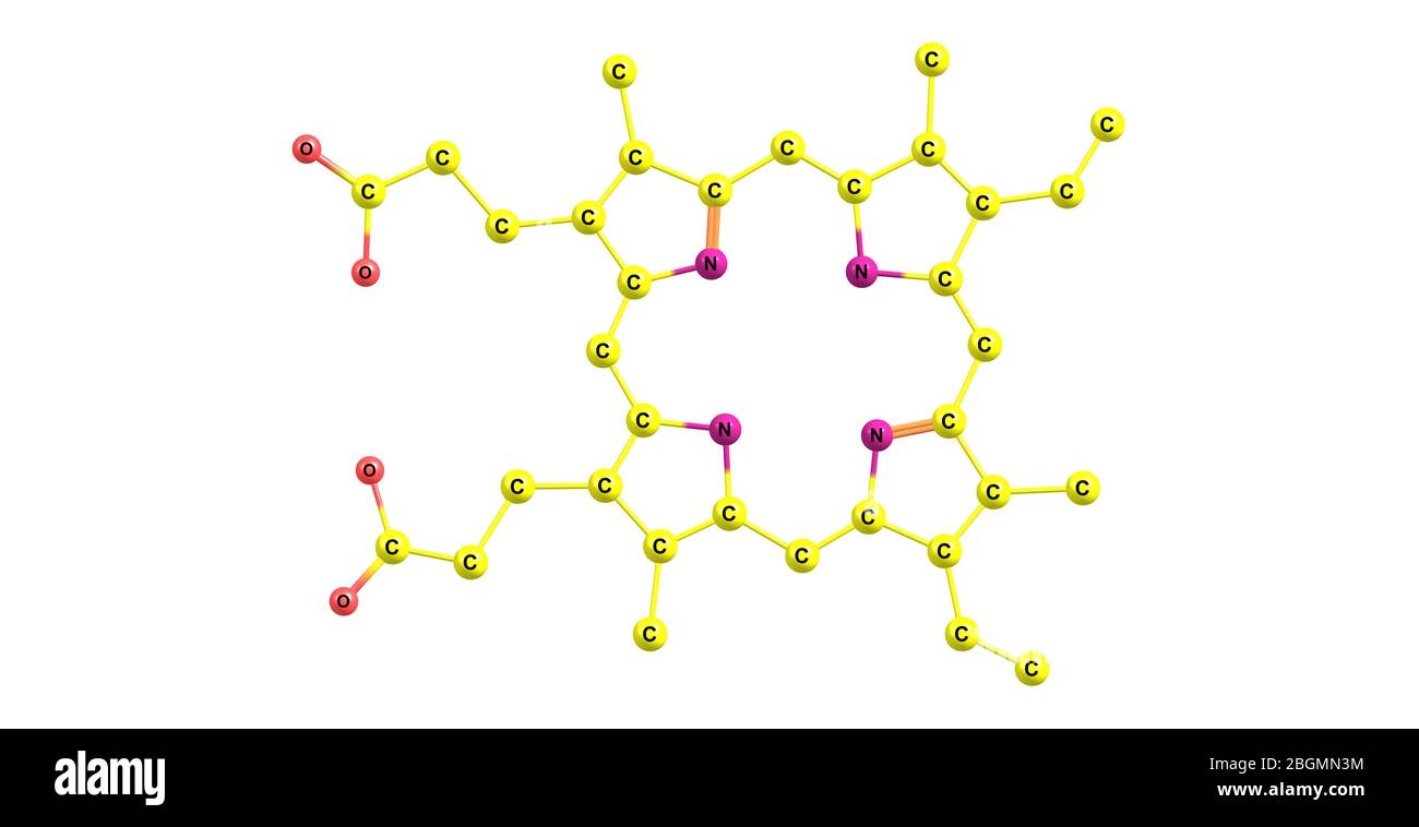 Porphyrine sind eine Gruppe von heterocyclischen Makrozyklus organischen Verbindungen, die aus vier modifizierten Pyrroluntereinheiten zusammengesetzt sind, die an ihrem Alpha-Kohlenstoff A miteinander verbunden sind Stockfoto