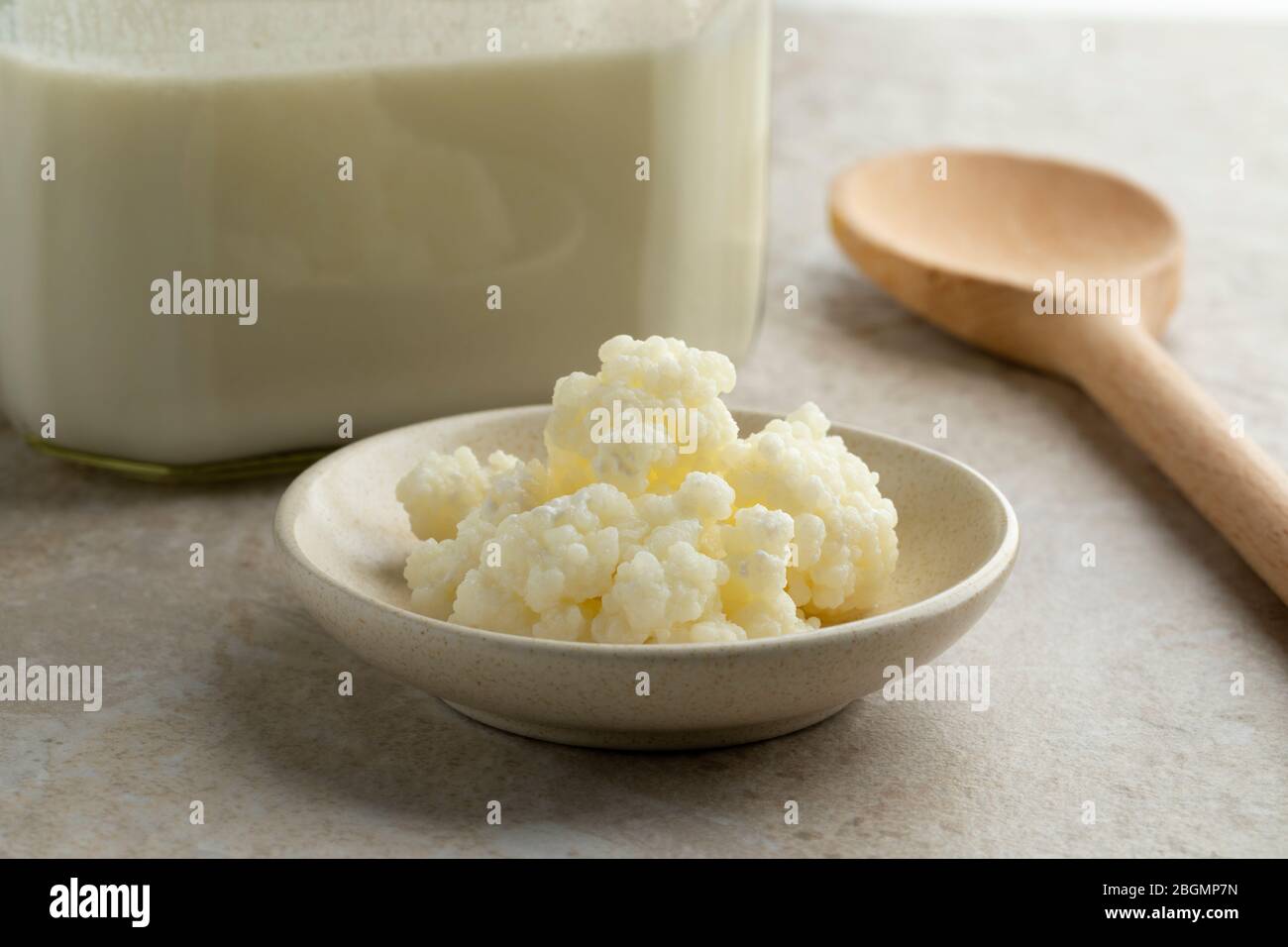 Bio probiotische Milch Kefir Körner vor einem Glas Krug Kefir Milch Stockfoto