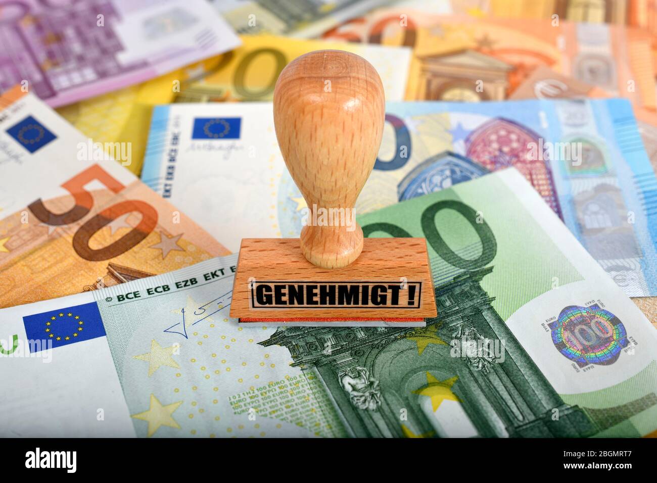 Symbol-Bild Grant, Stempel mit Aufschrift auf Euro-Banknoten, Deutschland Stockfoto
